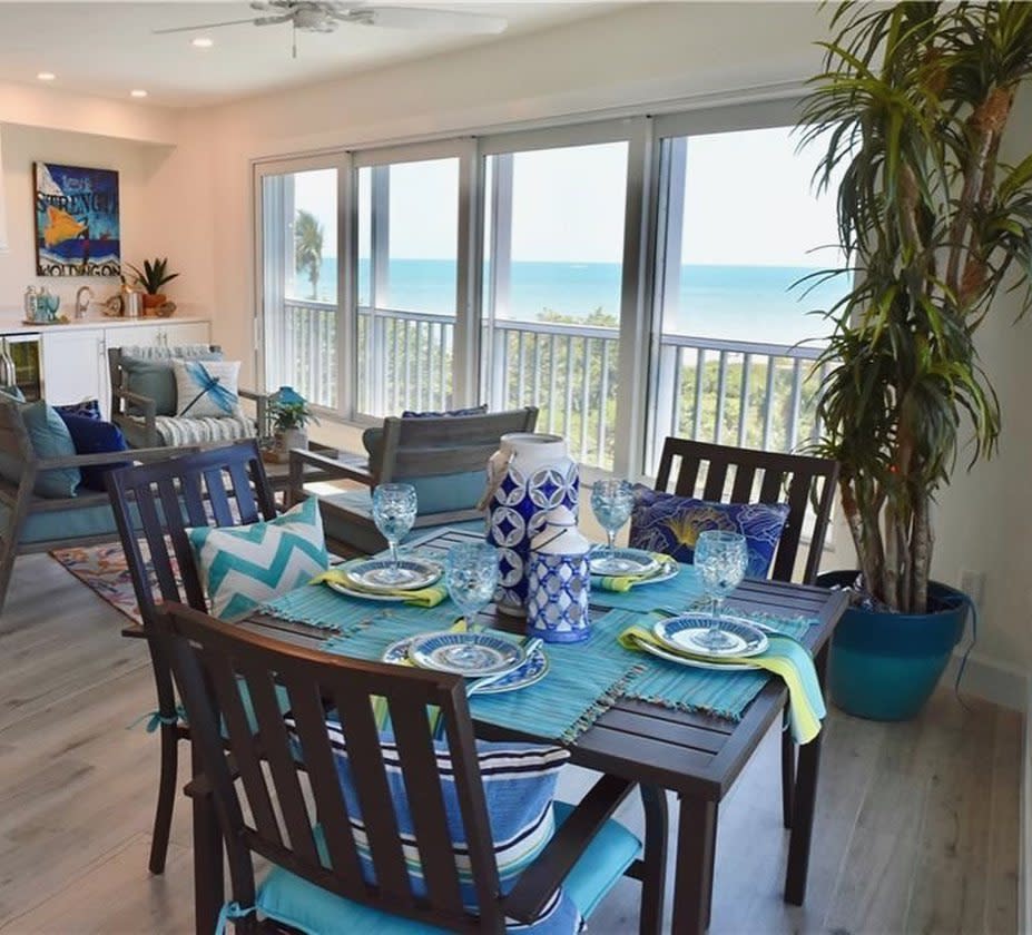 blue themed dining table decorations ocean view 